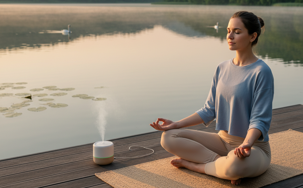 A serene mountain landscape at sunrise